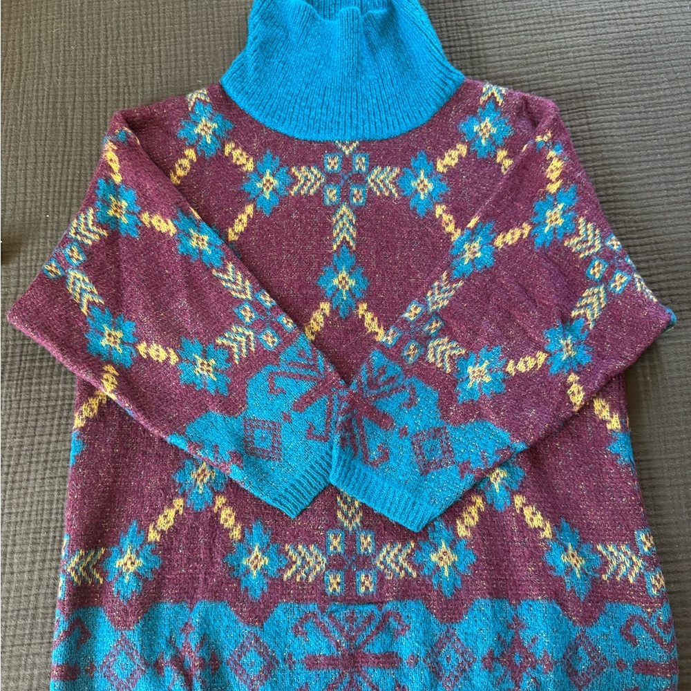Vintage United Colors Of Benetton Turquoise and Purple Turtleneck Sweater